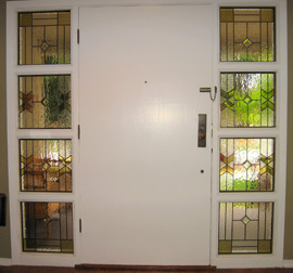 A sidelite with textured and colored glass